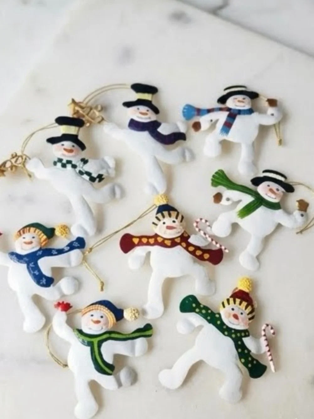 Vtg Painted Tin Metal Snowman Christmas Ornaments Lot of 7